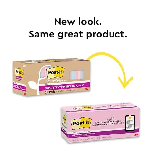 Post-it 100% Recycled Paper Super Sticky Notes, 3 in. x 3 in., 24 Pads, 70 Sheets per Pad, Wanderlust Pastels, School Supplies and Office Products thumbnail 10