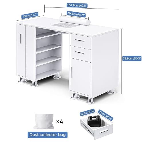Nail Desk,Professional Manicure Table with Wrist Rest,2 Drawers&Cabinet | Nail Station Beauty Technician Desk with Electric Dust Collector& Dust Bag,Nail Table with Pull-out Locker&8 Metal Legs,White thumbnail 2
