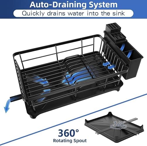 PurKeep Dish Drainer Rack - Space-Saving Dish Rack with Utensil Holder for Kitchen Counter, Large Capacity Dish Drying Rack with Draining Board, Black thumbnail 6