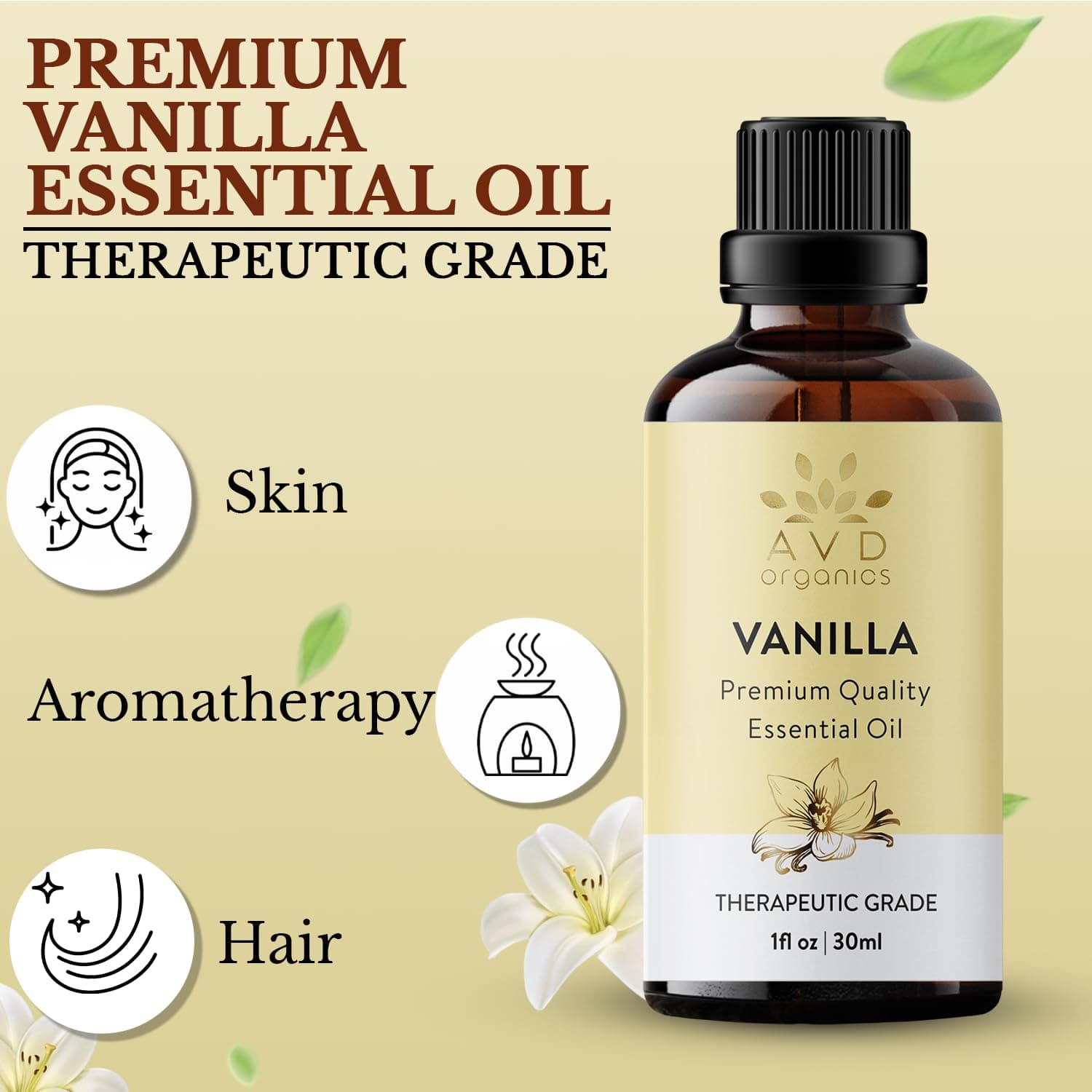 AVD Organics Vanilla Essential Oil 30ml | Pure & Natural Sweet Aroma Oil for Diffusers, Candles, DIY Blends & Home Ambience | 1 fl. oz thumbnail 3