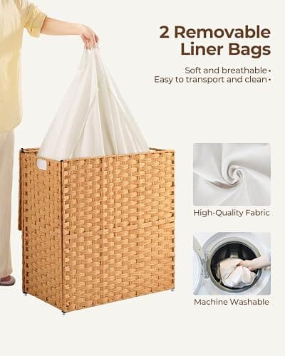 Greenstell Laundry Hamper with lid, No Install Needed, 110L Wicker Laundry Baskets Foldable 2 Removable Liner Bags, 2 Section Clothes Hamper Handwoven Rattan Laundry Basket with Handles, Natural thumbnail 4