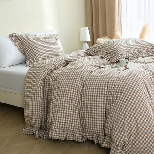 Silnuo Taupe/White Plaid Ruffle Duvet Cover King Size,100% Washed Cotton 3 Pcs Vintage Checkered Chic Gingham Bedding Set Comforter Cover Set thumbnail 2