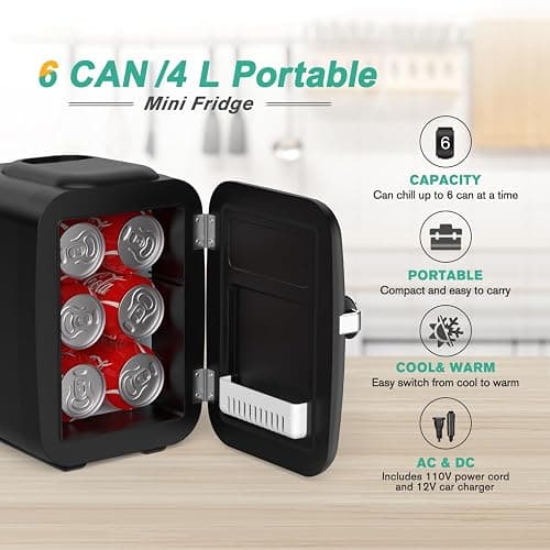 CROWNFUL Mini Fridge, 4 Liter/6 Can Portable Cooler and Warmer Personal Fridge for Skin Care, Cosmetics, Food,Great for Bedroom, Office, Car, Dorm, ETL Listed (Black) thumbnail 4