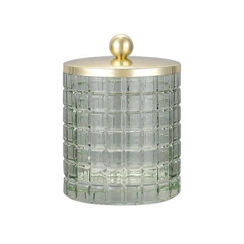 Indecor Home Sage Colored Tranlucent Apothecary Etched Geometric Grid Glass Jar W/Gold Metal Lid Cover for Bathroom Organization, Cotton Balls, Q Tips, and Small Accessories, Bathroom Storage - Image 1
