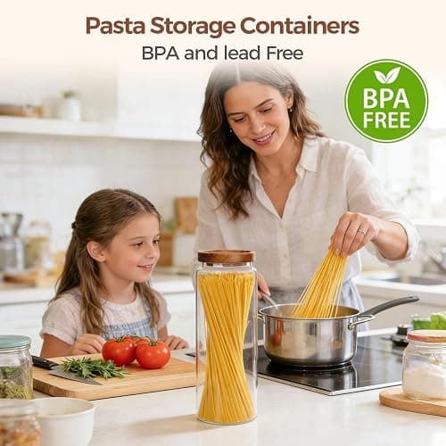 ComSaf Glass Pasta Storage Containers with Acacia Wood Lids 1.7Qt 3Pack | 11.3in Tall jar, for Cooks, Spaghetti Pasta Oats Cereal Beans, Kitchen Pantry Cabinet, Long Canisters with Labels, Durable thumbnail 2