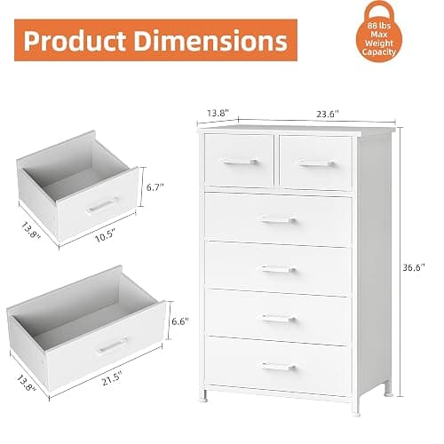 Flrrtenv Wooden Dresser for Bedroom, Chest of Drawers, Storage Cabinet, 6 Drawer Organizer for Office, Living Room, Hallway - White Wood thumbnail 3