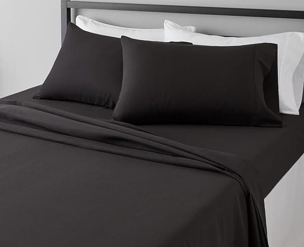 Amazon Basics Lightweight Super Soft Easy Care Breathable Microfiber 4 Piece Cozy Comfortable Bed Sheet Set, Wrinkle Resistant with 14-Inch Deep Pockets, Queen, Black, Solid - Image 1