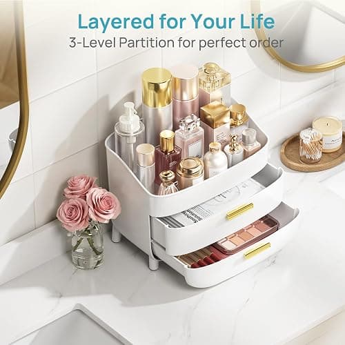 Vtopmart 3-Tier Skincare Makeup Organizer with Drawers for Vanity and Bathroom Countertop, Large Cosmetic Storage Box Case for Dresser, with Non-Slip Base thumbnail 4