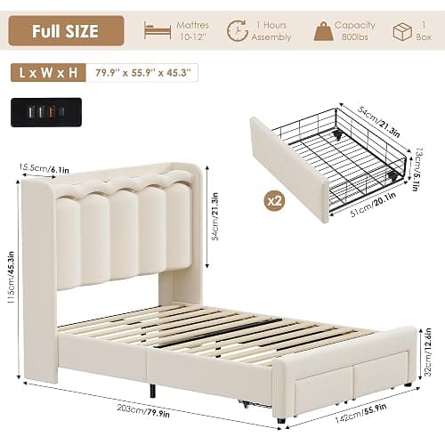 HIFIT Upholstered Full Size LED Bed Frame with Charging Station and 2 Storage Drawers, Beige Velvet Platform Bed Full Size, Camas Full with Double Wavy Wingback Headboard, No Box Spring Needed thumbnail 2