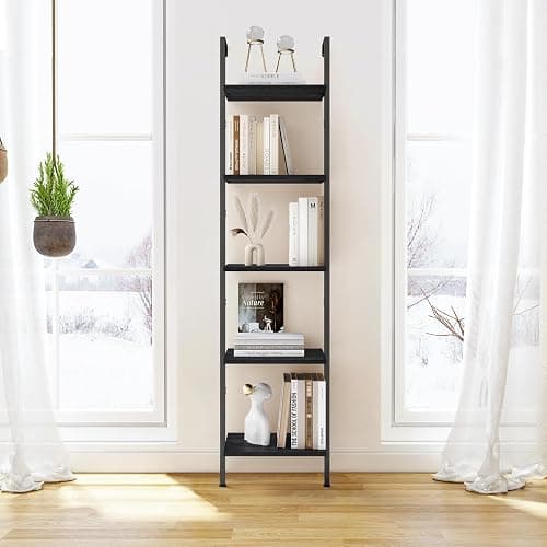 ELYKEN Ladder Shelf, 5-Tier Wood Wall Mounted Bookshelf with Metal Frame, Vintage Open Display Organizer Rack, Leaning Storage Shelves for Living Room, Bedroom, Home Office, Black - Black thumbnail 6