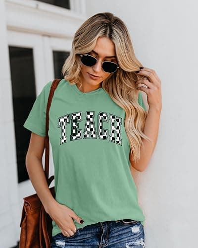 PICKID Teacher Shirts Women: Checkered Teach Printed T-Shirt Graphic Teaching Gifts Tees Casual Short Sleeve Tops thumbnail 3