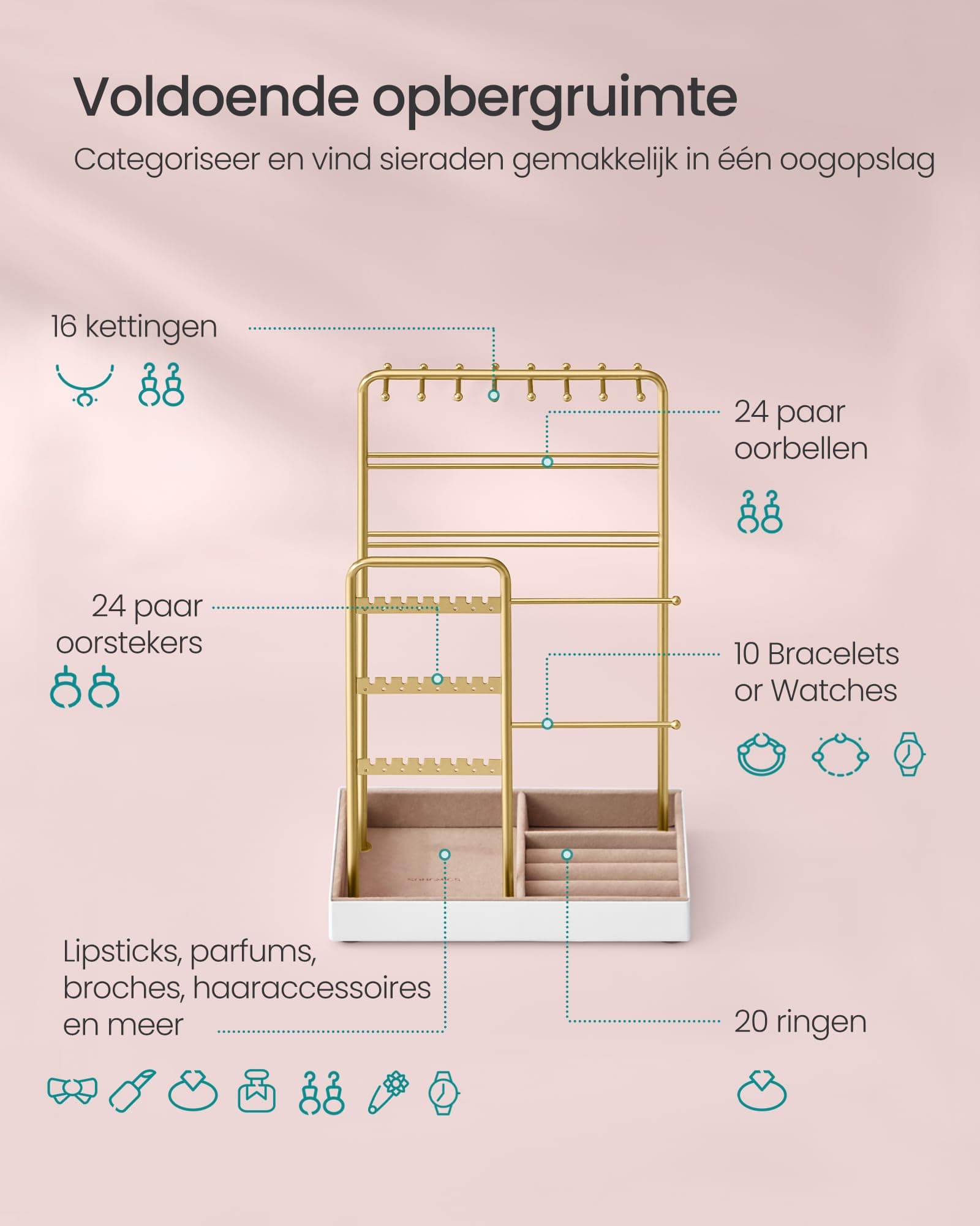 SONGMICS Sieradenstandaard, Sieradenhouder, Metalen frame, Fluwelen sieradenlade, Sieradenopslag voor kettingen, armbanden, oorbellen, oorbellen, ringen, cadeau-idee, Kerstmis thumbnail 4