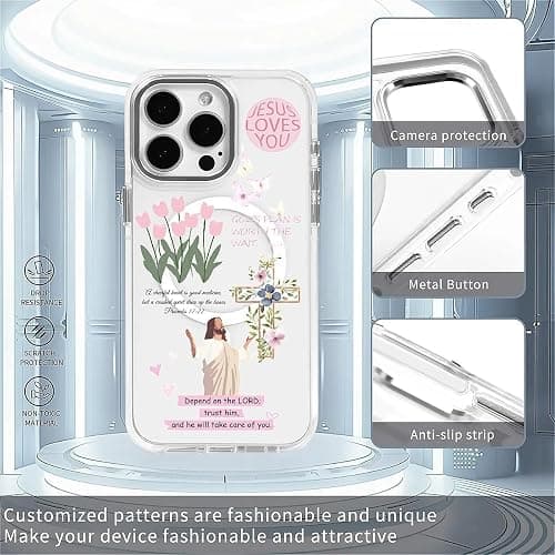 OKBUOK for iPhone 15 Case [Compatible with Magsafe],Girls Women Clear Magnetic Case Silicone Shockproof Protective Cover with Pattern Bible Jesus Flowers thumbnail 4