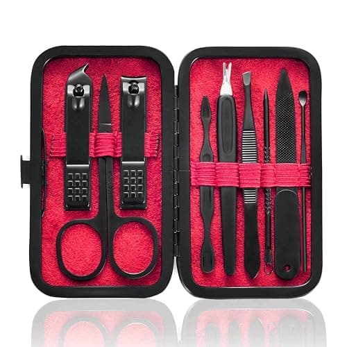 HANTEKAS Manicure Set 9 in 1 Stainless Steel, Nail Clippers Scissors Pedicure Tools Kit - Portable Travel Grooming Kit for Men and Women with Black/Red Leather Case (Red) - Image 1