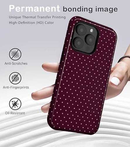 Amzfield for iPhone 14 Pro Cute Polka Dot Phone Case, Burgundy | Polka Dot Phone Case, Summer Aesthetic Design for Women Girls Fall Chic Girly Pretty Dual Layer Hybrid Protection Elegant thumbnail 2