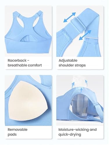 FITTIN Sports Bras Pack for Women: Padded Support Adjustable Strap Racerback Bra for Workout Gym Yoga Large Bust - Black/White/Ice Blue - Large thumbnail 6