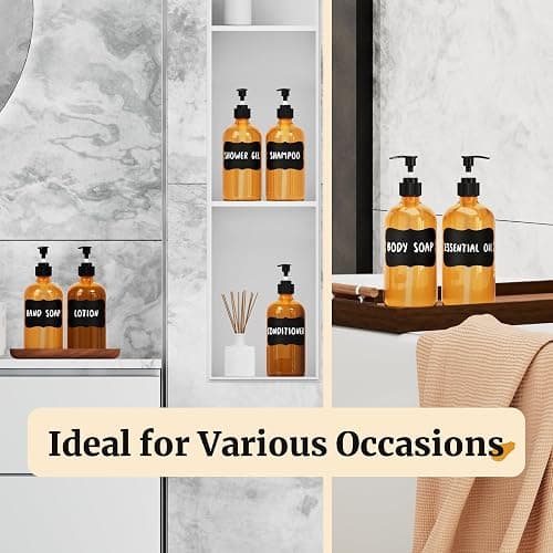 PrettyCare Set of 2 16oz Amber Glass Bottles with Black Pumps - Leak-Proof, Refillable Empty Dispenser for Shampoo, Conditioner & Thick Liquids - with Waterproof Labels thumbnail 8