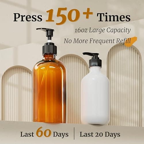 PrettyCare Set of 2 16oz Amber Glass Bottles with Black Pumps - Leak-Proof, Refillable Empty Dispenser for Shampoo, Conditioner & Thick Liquids - with Waterproof Labels thumbnail 4