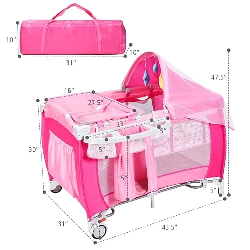 Costzon 4 in 1 Pink Pack and Play with Bassinet, Portable Baby Playard with Adjustable Canopy, Side Zipper Entrance, Music Box, Wheels/Brake, Foldable Infant Pink Bassinet for Baby Girl Toddlers thumbnail 3