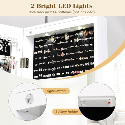 Giantex Wall Door Mounted Jewelry Armoire Cabinet with 47.5" Full Length Mirror, 2 LEDs Lockable Jewelry Organizers and Storage with 2 Drawers, Over the Door Jewelry Organizer Cabinet (White) thumbnail 6