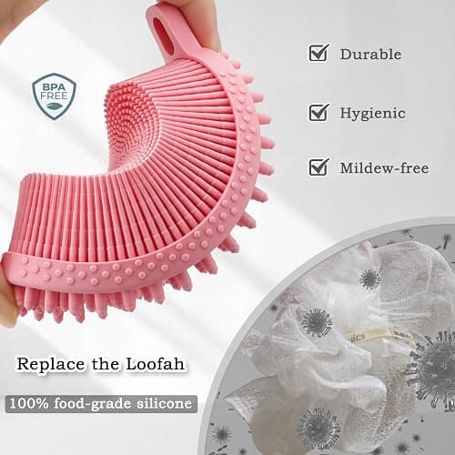 FREATECH Silicone Shower Body Wash Scrubber, Dual-Sided Body Buffer for Gentle Exfoliation, Cleansing and Massage, Men Women Baby Sensitive Skin, More Hygienic and Durable Than Loofah, Pink thumbnail 3