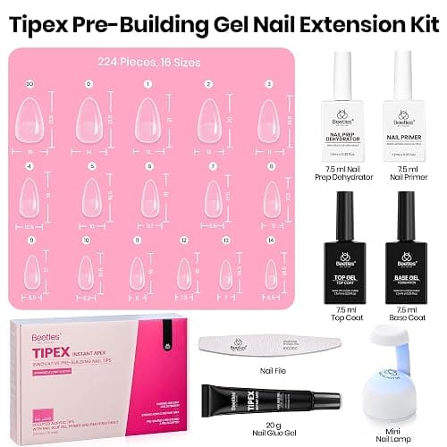 Beetles Tipex Instant Apex Nail Tips Kit – Almond Short, Pre-Etched, Thick Full Cover Acrylic Tips with Tipex UV Gel Glue, Dehydrator, Primer, Base & Top Coat, Mini UV Lamp, 224PCS in 16 Sizes thumbnail 7