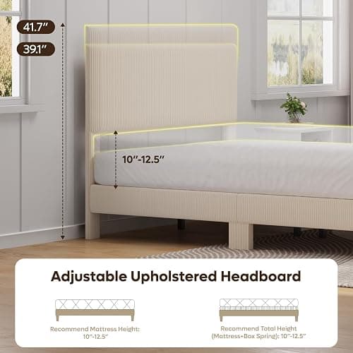 Bestier Full Bed Frame with Adjustable Headboard, LED Lighting, Vertical Channel Tufted Corduroy Upholstered, Solid Wooden Slats Support, No Box Spring Needed, Never Squeaks, Easy Assembly, Beige thumbnail 4