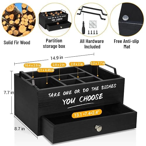 Paper Plate Dispenser with Drawer for Kitchen Countertop, Wooden Paper Plate Holder with Large Cup Holder, Rustic Wood Silverware Caddy Holder, Paper Plate Organizer Kitchen Accessories(Black-Drawer) thumbnail 3