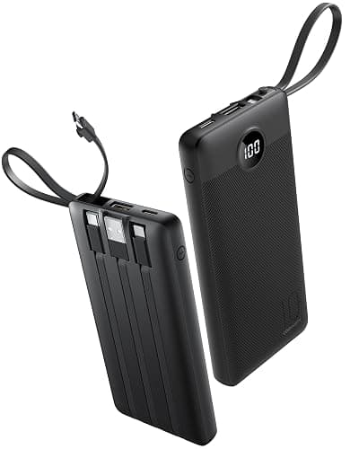 Coowisty Portable Charger with Built-in Cables, Slim 10000mAh Power Bank with USB C, Travel Essentials External Battery Pack 5 Outputs 2 Inputs LED Display Compatible with iPhone/Android & More(Black) - Image 1