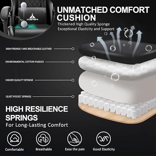 TUKAKA Gaming Chair,Ergonomic Massage Computer Office Desk Chair with Footrest,Pocket Spring Cushion,Reclining Leather Adjustable Gamer Chair with Headrest and Lumbar Support,Black thumbnail 4