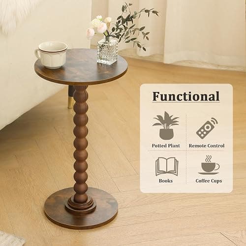 Fultyle Round Side Table, Small Drink Table for Small Spaces, Modern Accent Nightstand with Solid Wood Leg for Living Room, Bedroom, Corners, and Office (Rustic Brown) thumbnail 7