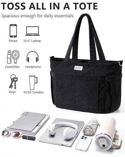 Bagstellar Corduroy Tote Bag for Women, 17 Pockets Laptop Work Tote Bag Lightweight Teacher Nurse Bible Bag for School Travel | with 40oz Cup Holder thumbnail 5
