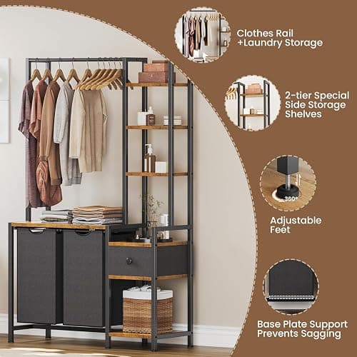 Creso hom Laundry Hamper with Shelf, 5 Tiers Tall Laundry Basket Sorter with 2 Pull-Out and Removable Bags, Clothes Rack with Laundry Sorter for Laundry Room Bathroom Bedroom, Rustic Brown thumbnail 4