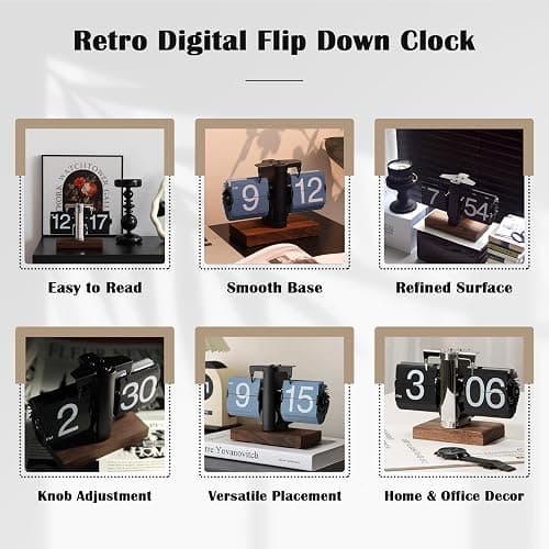 VBESTLIFE Retro Digital Flip Down Clock, Battery Powered Internal Gear Operated Clock, Classic Mechanical, Black Walnut Base, for Home & Office Decor(Black) thumbnail 2