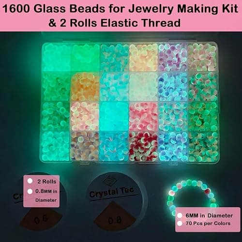 JHYlilia Glow in The Dark Glass Beads for Jewelry Making, 1600Pcs 6MM 24 Grids Crystal Gemstone Beads Round Spacer DIY Craft Bead for Bracelet Necklace Earrings Phone Lanyard Wedding Decor thumbnail 4