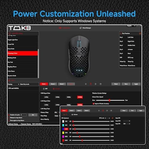 TMKB Falcon M1 Wireless Gaming Mouse, 24000DPI Optical Sensor, 180Hrs Battery, Lightweight, 6 Programmable Buttons, RGB Strip, 2.4G/BT5.2/USB-C Wired for PC/Mac/Laptop - Matte Black thumbnail 9