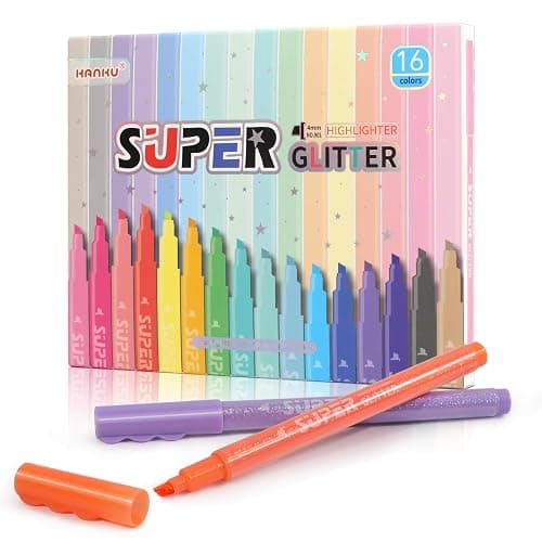 HANKU Glitter Highlighter Markers, 16-Count, Chisel Tip Glitter Highlighters Assorted Colors, Sparkly Markers for Adult Coloring Journaling Art Supplies thumbnail 7