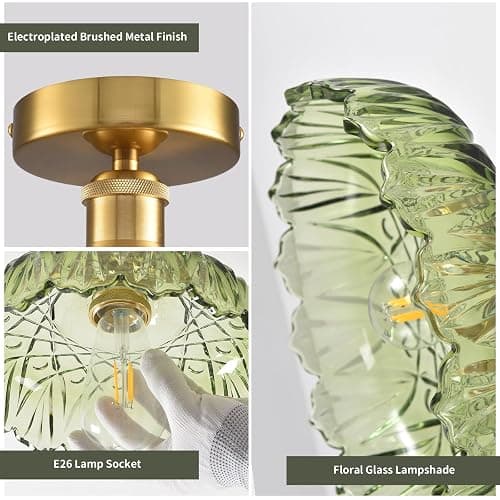 Povectolay Semi Flush Mount Ceiling Light Mid Century Modern Floral Green Glass Shade, Close to Ceiling Lighting Fixtures for Bedroom, Bathroom, Kitchen, Closet Laundry Room, Foyer and Hallway 1-Pack thumbnail 4