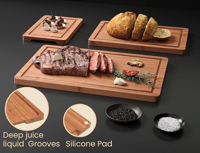 Fibogollo Bamboo Cutting Boards Serving Board Set, Bamboo Chopping Boards with Juice Groove for Kitchen Meal Prep and Serving (set of 3) thumbnail 5