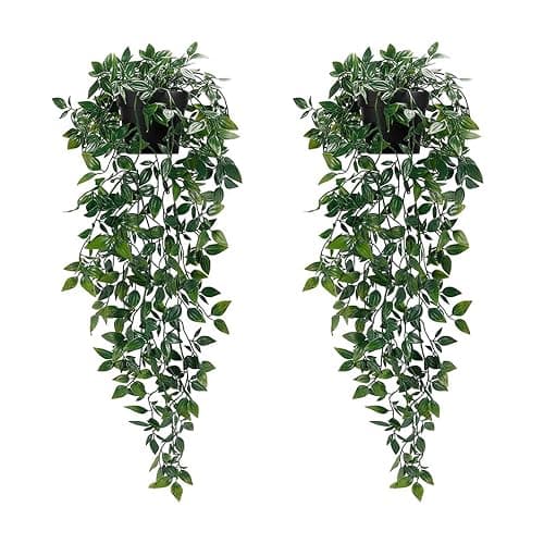 XongSyue Artificial Hanging Plants, 2pcs Artificial Plants Indoors in pots | Greenery Fake Plants Decor, Small Artificial Plants in Pots, Fake Potted Plants, Faux Plants for Wall Home Room Office Decor - Image 1