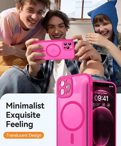 CANSHN Magnetic Compatible with iPhone 12 Pro Case, Upgraded [Full Camera Protection] [Compatible with Magsafe] [Translucent Matte] Shockproof Protective Phone Cover 6.1 Inch - Hot Pink thumbnail 7