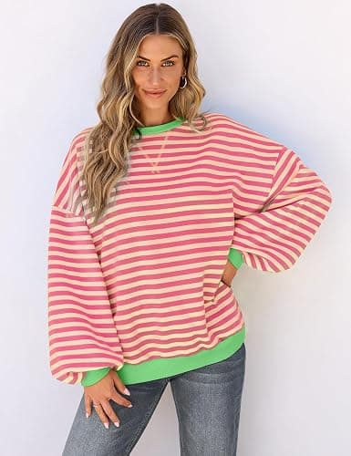 UEU Women Oversized Striped Crewneck Sweatshirt Long Sleeve Color Block Pullover Tops Casual Loose Workout Shirt thumbnail 3