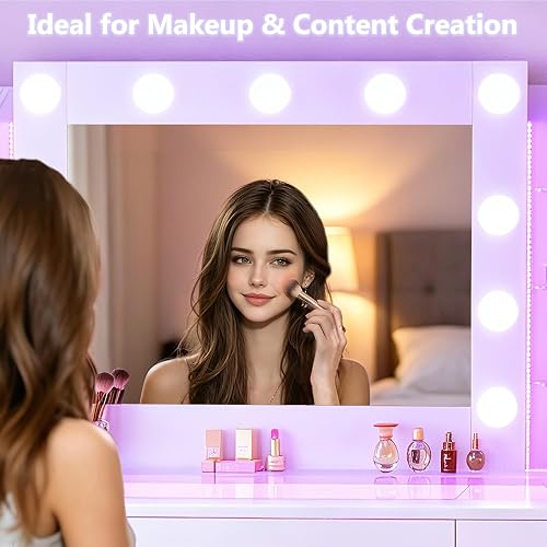 HUAHUU Vanity Desk with Mirror and Hollywood Lights, Makeup Vanity 6 Backlit Open Shelves with Frosted Panel & RGB Light, Transparent Top, Power Outlet, 7 Drawers & Storage Organizer for Bedroom thumbnail 9