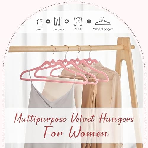 HOUSE DAY Pink Velvet Hangers 60 Pack, Non Slip Flocked Felt Hangers, Sturdy Velvet Clothes Hanger, Cute Heart Heavy Duty Coat Hanger, Ultra Slim Pink for Closet Space Saving thumbnail 3