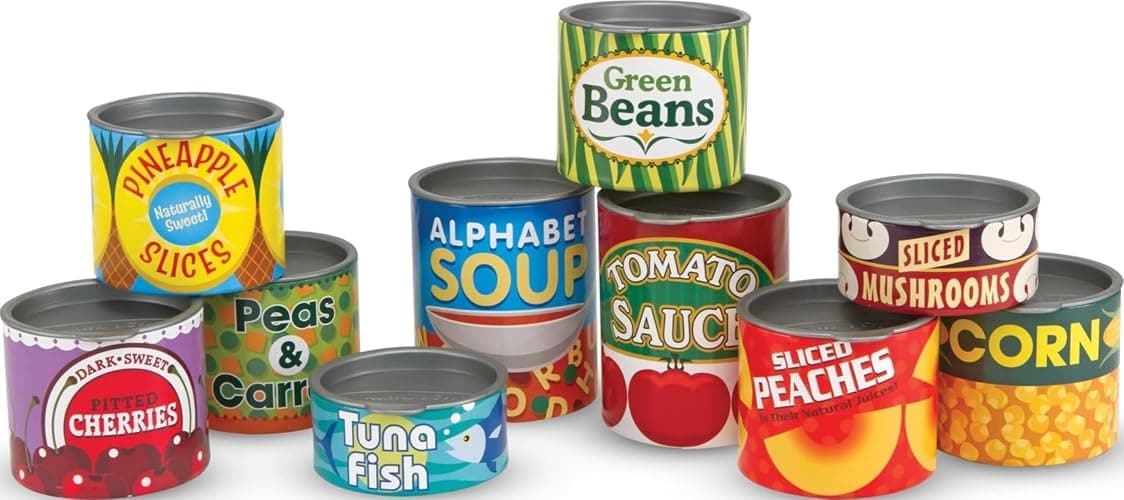 Melissa & Doug Let's Play House, 10 Grocery Cans with Removable Lids, Toy Food & Play Kitchen Accessories, Preschool Learning Toys for Girls & Boys 3+ - Image 1