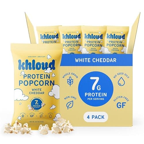 Khloud Protein Popcorn - White Cheddar - 7g Protein Snacks for Adults & Kids - Flavored Popcorn Made with Real Ingredients & Milk Protein Isolate - Non-GMO, Gluten-Free, Kosher, 4oz, 4pk - Image 1