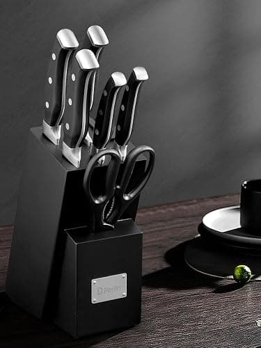 D.Perlla Knife Set, 7 Pieces Kitchen Knife Set with Self Sharpening Wooden Block, German Stainless Steel Knife Block Set with Triple Riveted Ergonomic Handle, Black thumbnail 9