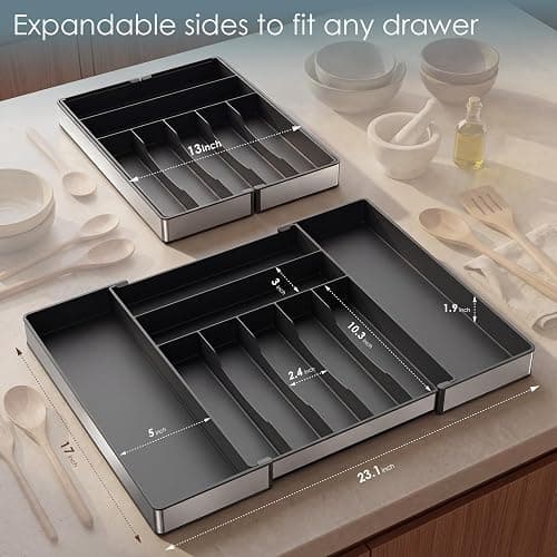 Silverware Drawer Organizer, 9 Slots Expandable Kitchen Drawer Organizer | Extra Large Utensil Holder & Cutlery Tray, Heavy Duty Stainless Steel Frame Flatware Organizer, Non-Slip Feet Included, Black thumbnail 3