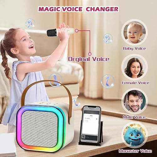 Karaoke Machine for Kids,2025 New Mini Portable Karaoke Toys, Karaoke Speaker with 2 Wireless Mics & Light for Home Party for Adults,Birthday Gifts for Girls and Boy Age 3-12 +Year Old (White-2 M IC) thumbnail 7
