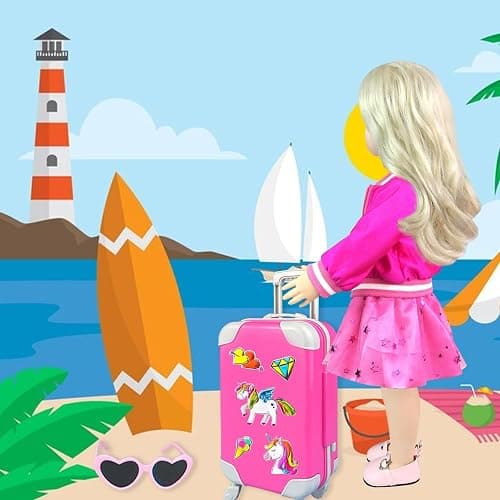 BNUZEIYI 23Pcs 18 Inch Girl Doll Accessories Case Luggage Travel Play Set with Doll Clothes Cute Bag Computer Glasses Pretend Makeup Toy Stickers Doll Stuff Fit 18 inch Doll Christmas Birthday Gift thumbnail 2
